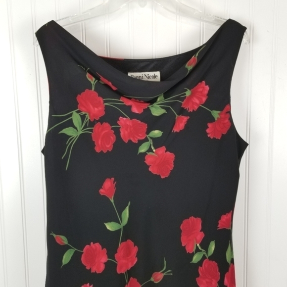 Womens Midi Dress Size 14 Black Red Floral Cowlneck Whimsigoth Fairy Grunge Y2K - Picture 3 of 11